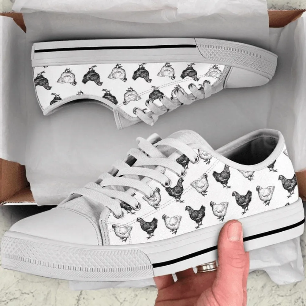 Black And White Hens Pattern Low Top Shoes Sneaker, Animal Print Canvas Shoes, Print On Canvas Shoes