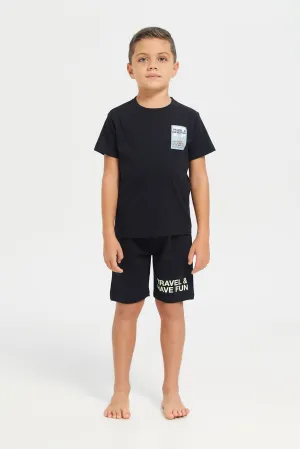 Boys Black Printed Short Sleeves Casual Set (2 Piece)