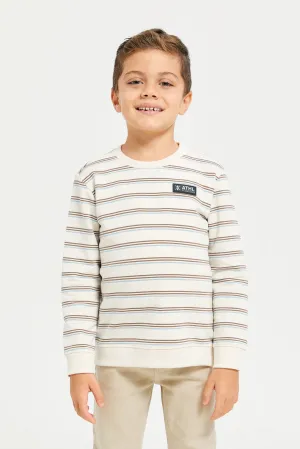 Boys Cream Striper Round Neck Sweatshirt