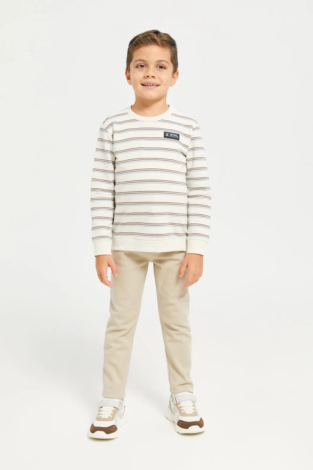 Boys Cream Striper Round Neck Sweatshirt