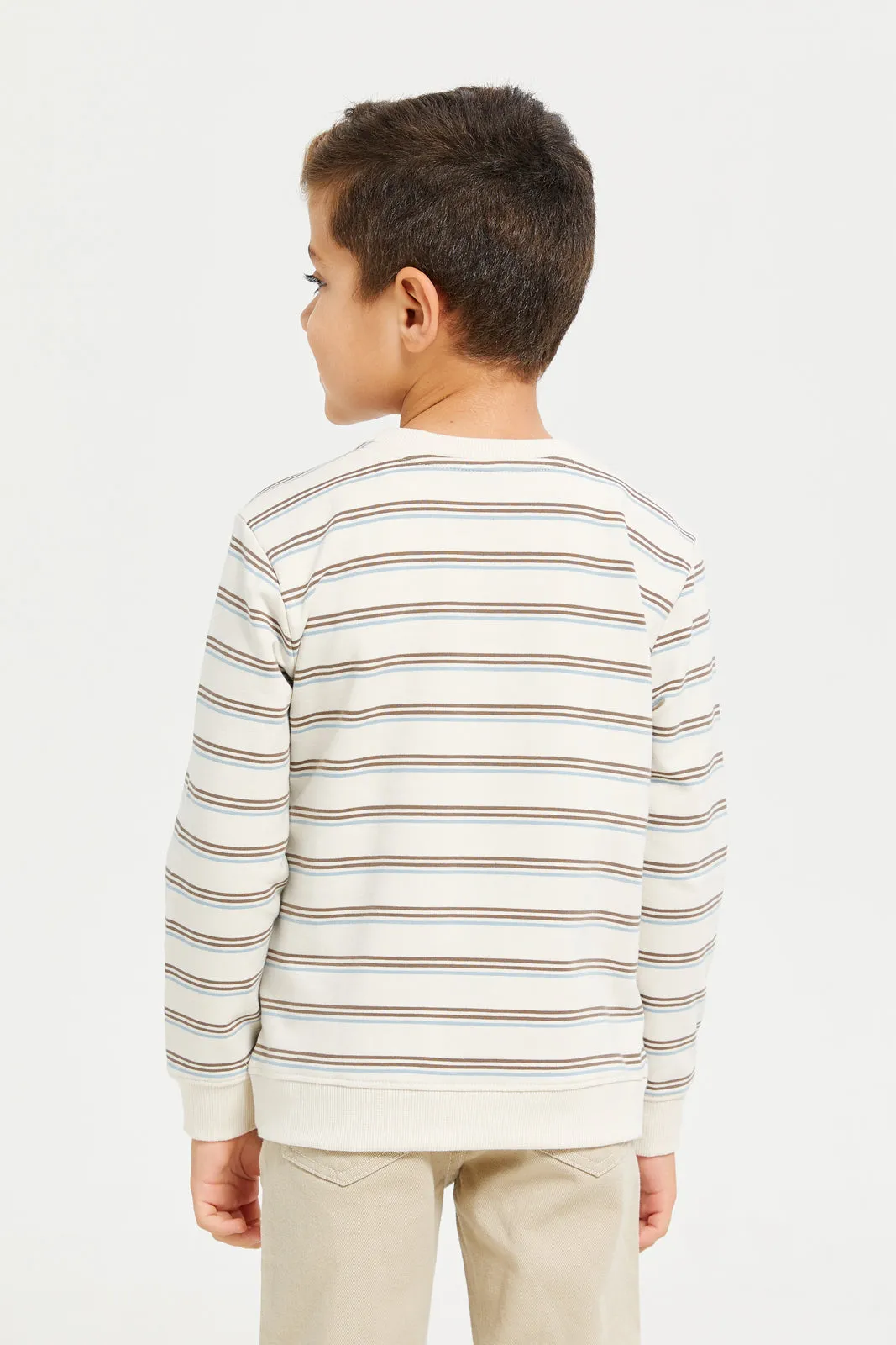 Boys Cream Striper Round Neck Sweatshirt