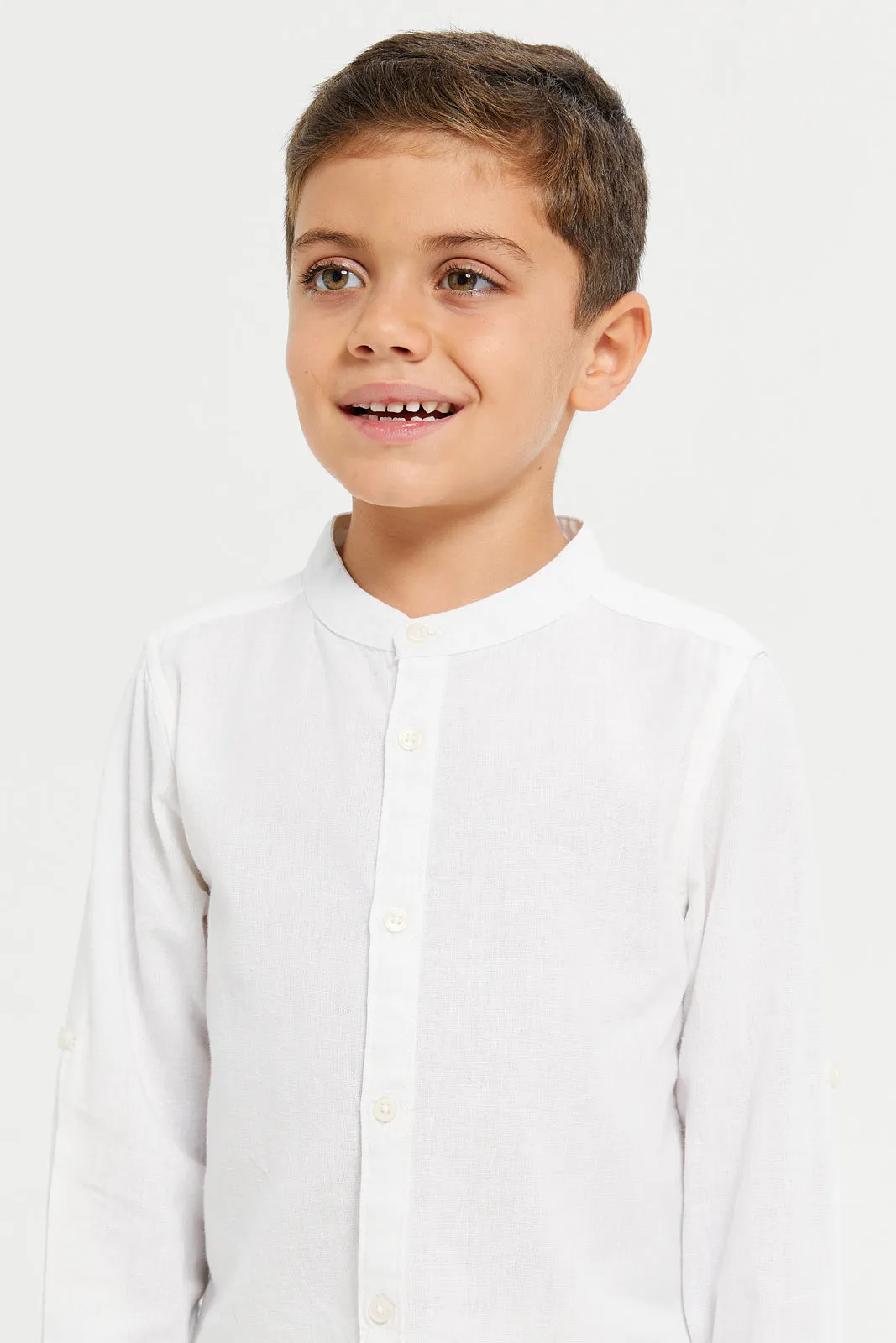 Boys White Long Sleeved Mandarin Shirt