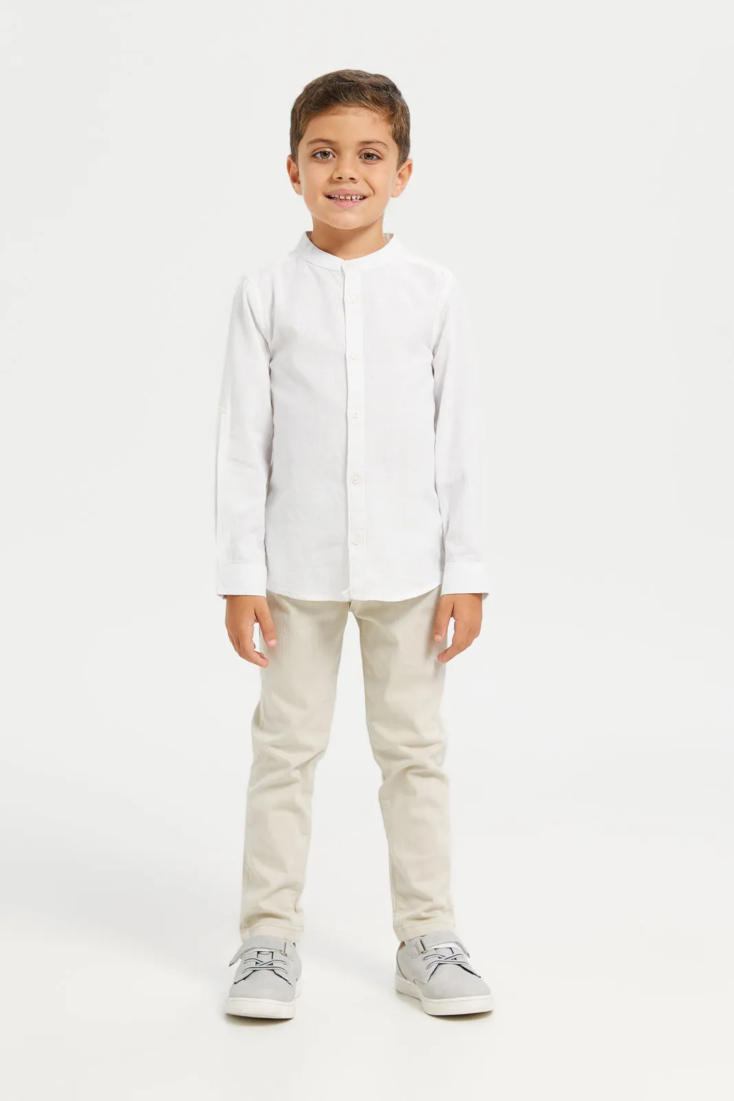 Boys White Long Sleeved Mandarin Shirt