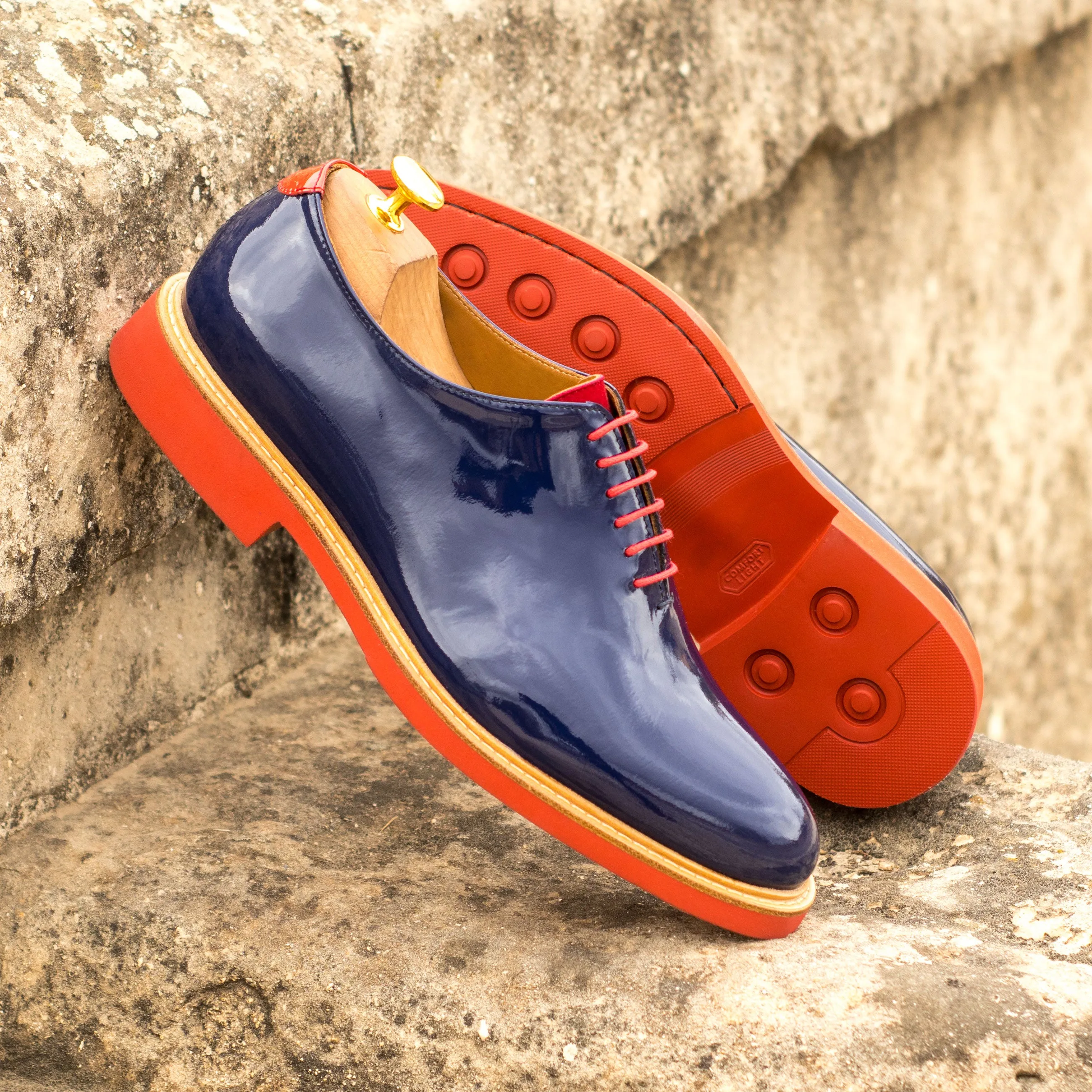 DapperFam Giuliano in Cobalt Blue / Red Men's Italian Suede & Patent Leather Whole Cut