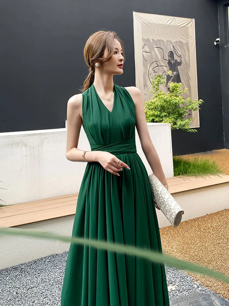 Dark Green Chiffon Halter Long Wedding Party Dress, Dark Green Bridesmaid Dress