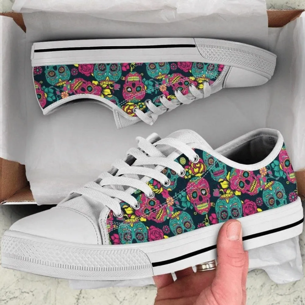 Day Of Dead Colorful Skull Floral Low Top Shoes, Low Top Sneaker, Low Top Canvas Shoes