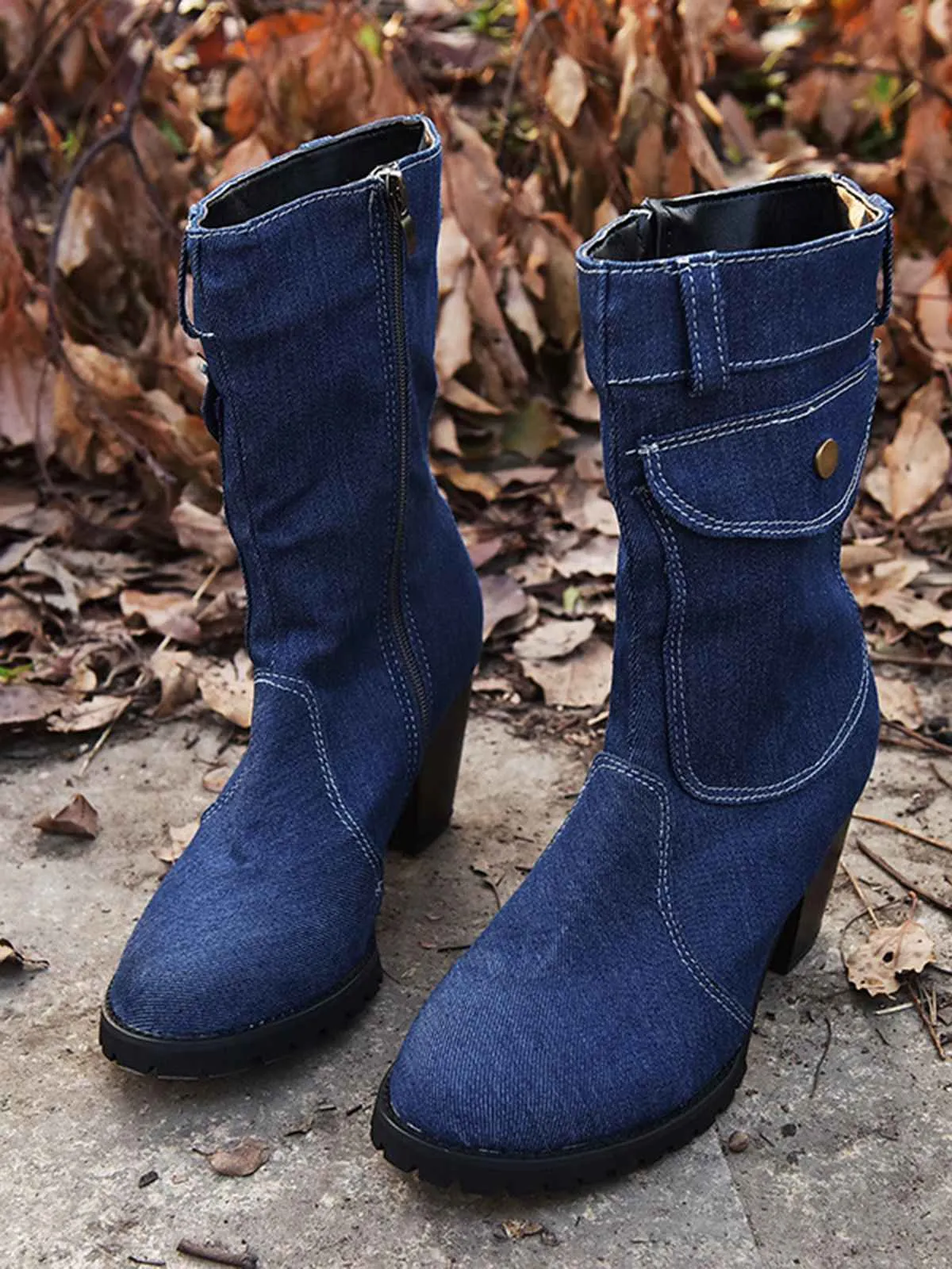 Denim Round Toe Zipper Mid-Calf Boots