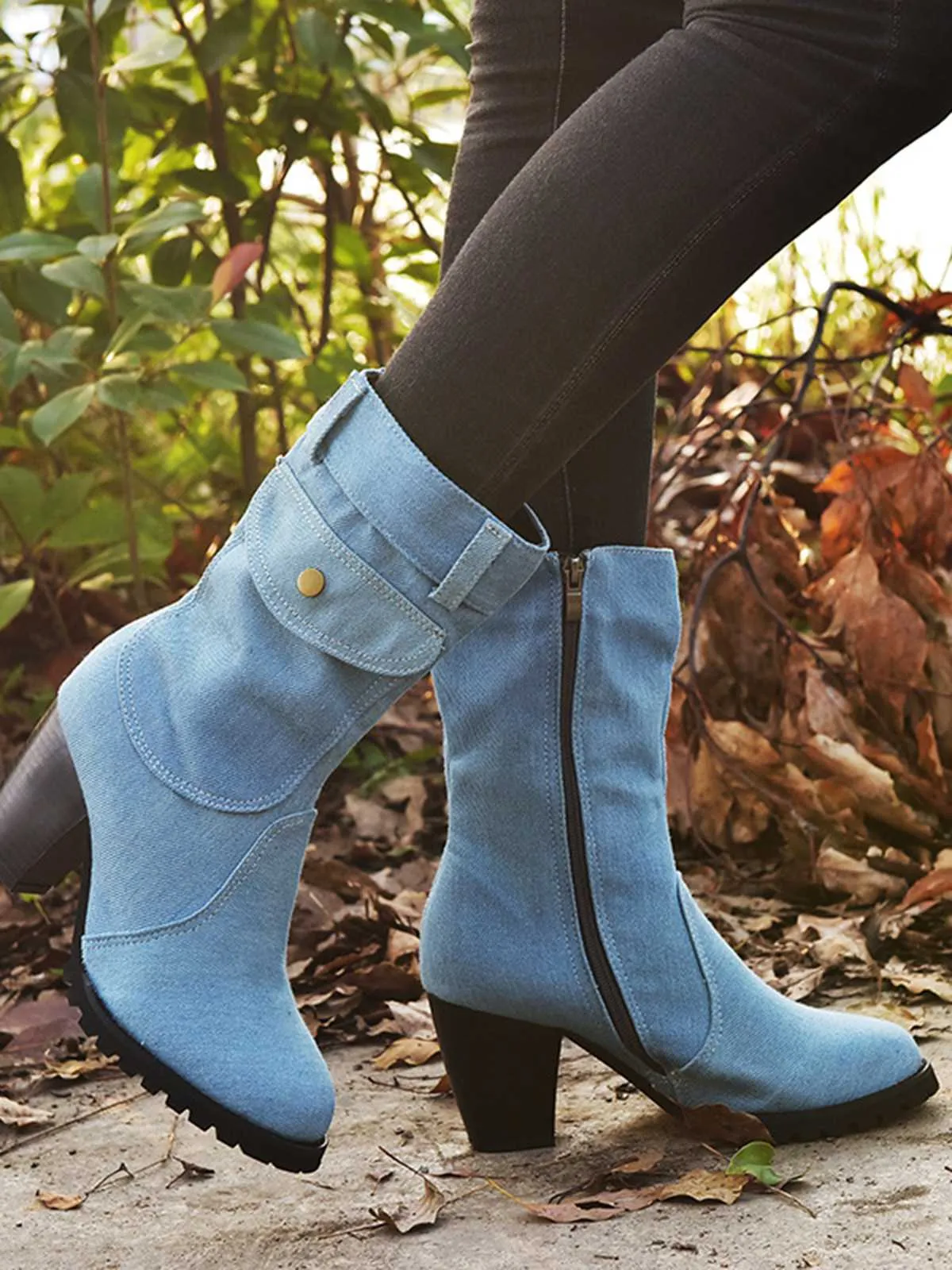 Denim Round Toe Zipper Mid-Calf Boots