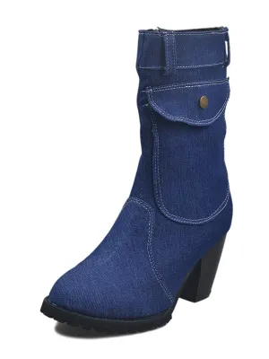 Denim Round Toe Zipper Mid-Calf Boots