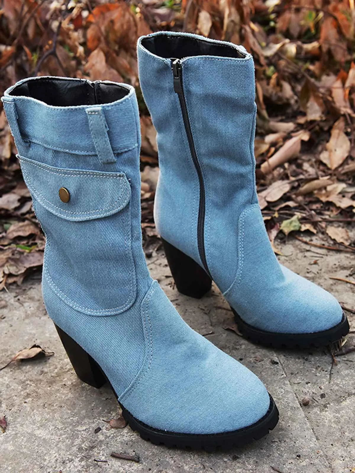 Denim Round Toe Zipper Mid-Calf Boots