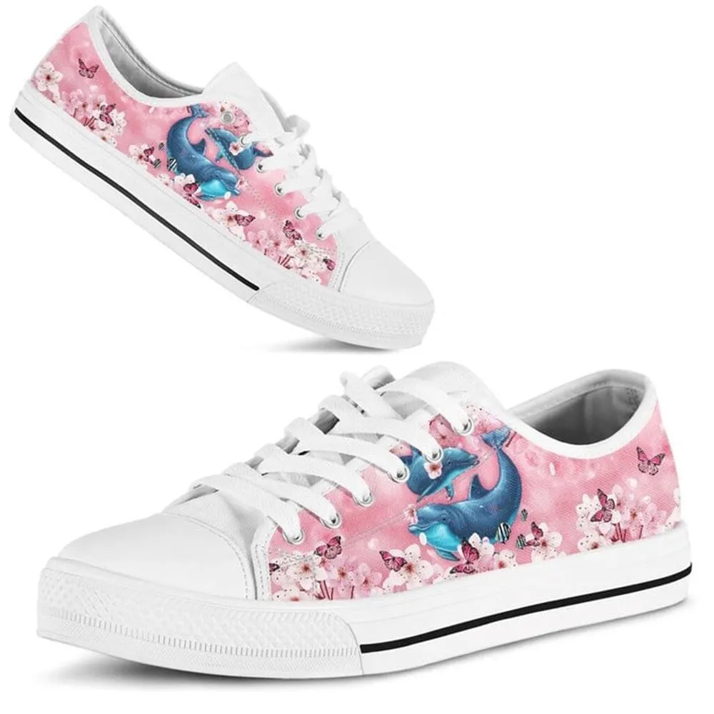 Dolphin Cherry Blossom Low Top Shoes, Animal Print Canvas Shoes, Print On Canvas Shoes