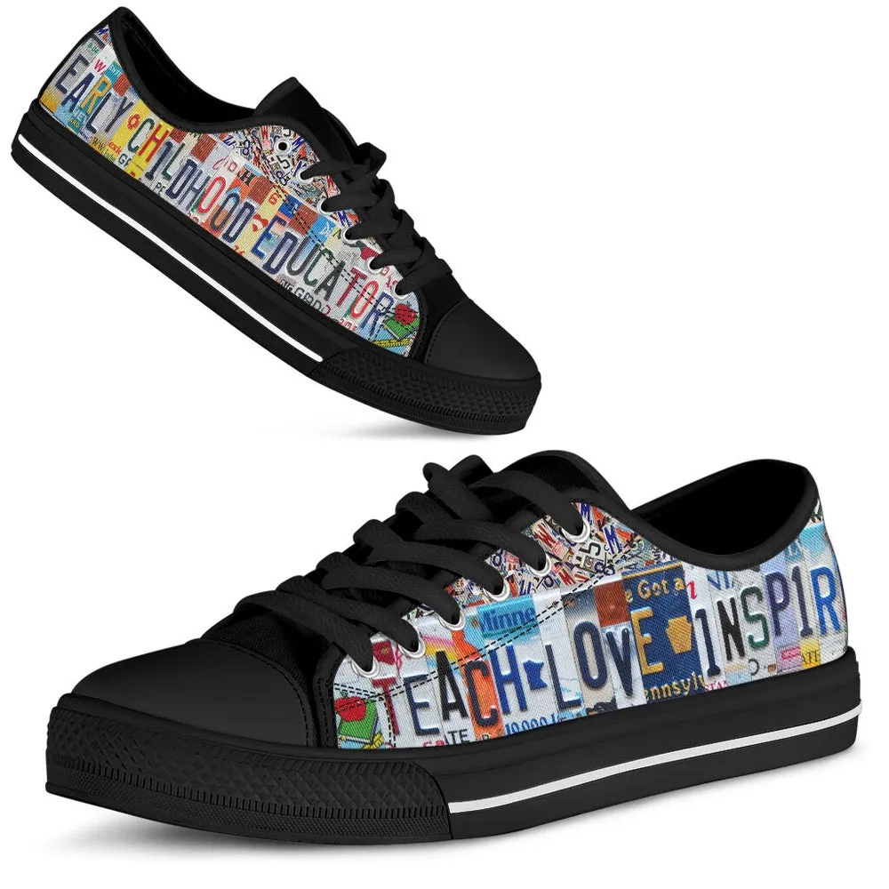 Early Childhood Education License Plates Low Top Black Shoes, Teacher Shoes, Low Top Sneakers