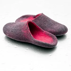 Felted Wool Slides Slippers for Women Dark Grey/ Hot Pink