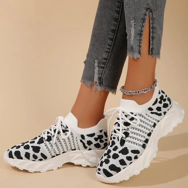 Floral Print Colorblock Mesh Shoes Casual Light Lace-up Sneakers For Women