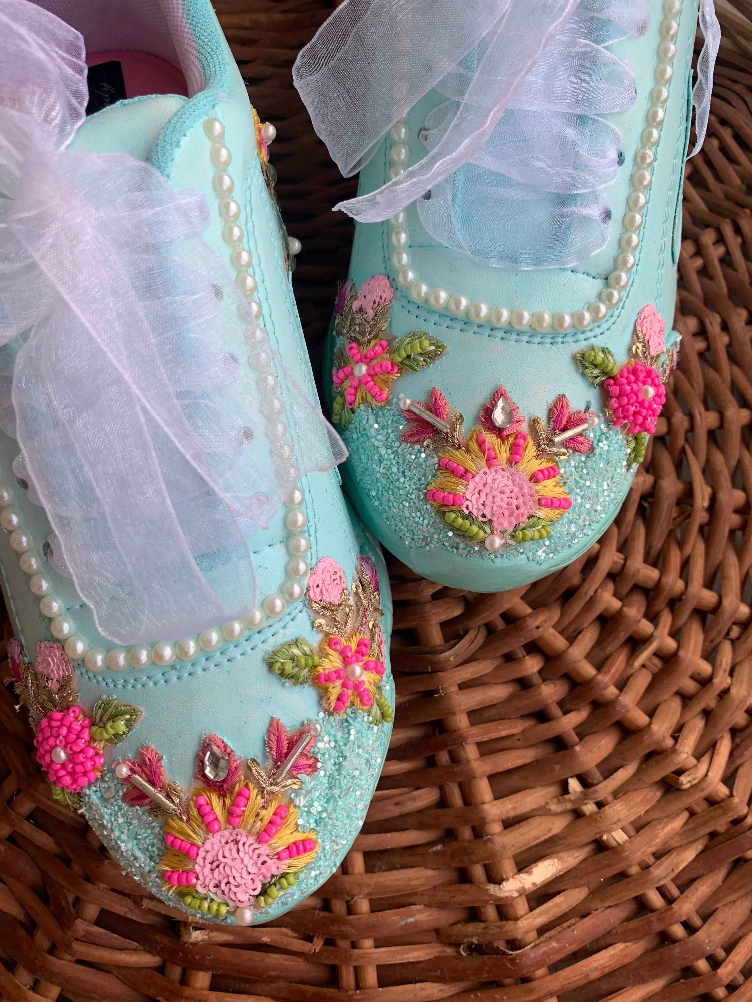 Funky N Trendy hand crafted powder blue theme bridal sneakers/ bridesmaid sneaker / powder blue sneakers/ pink floral theme sneakers / sea green shoes