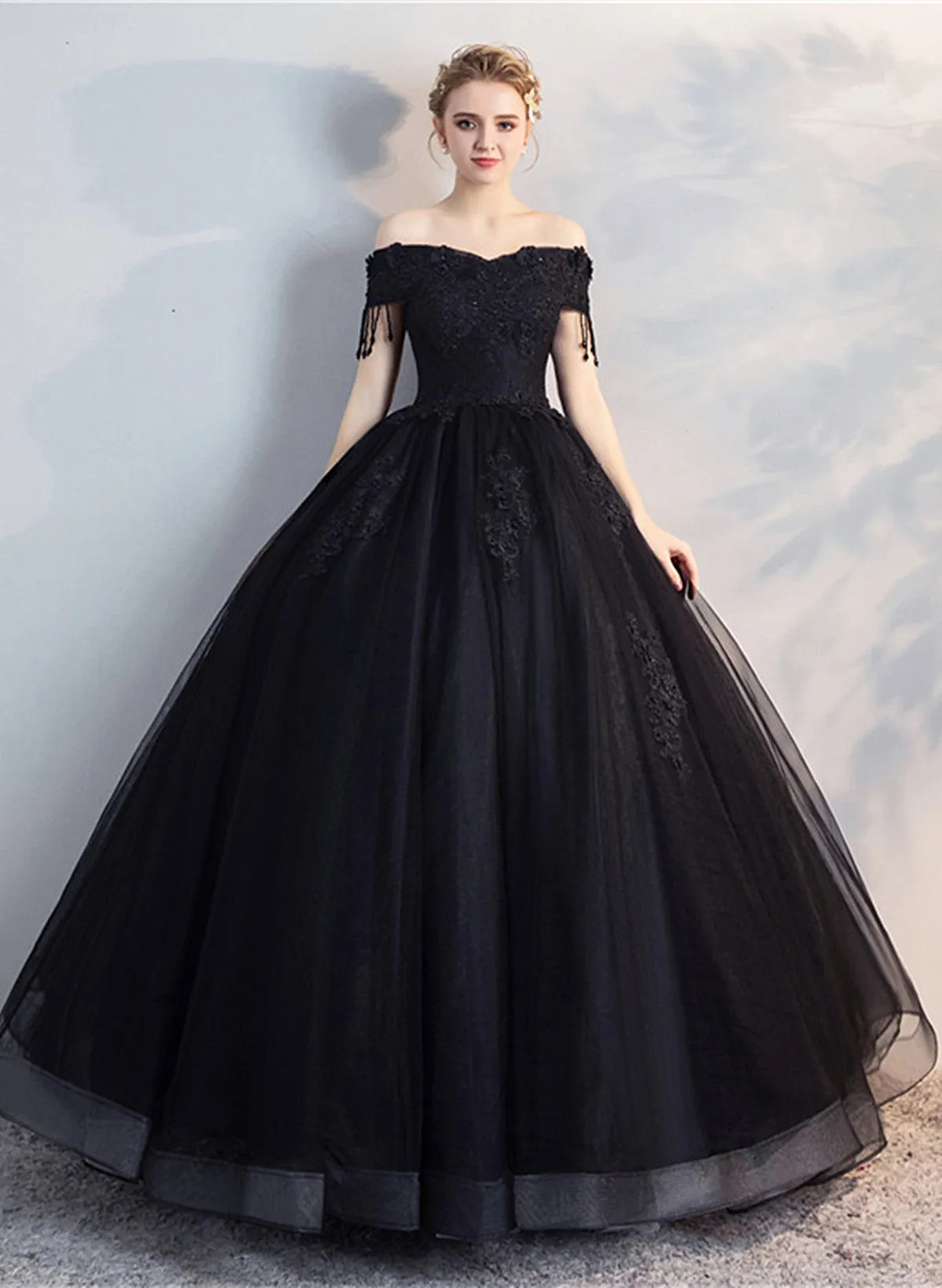 Glam Tulle with Lace Applique Off Shoulder Sweet 16 Dress, Ball Gown Formal Dress