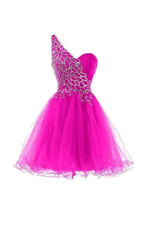 Hot Pink Homecoming Dresses One Shoulder Short Prom Dresses PG073