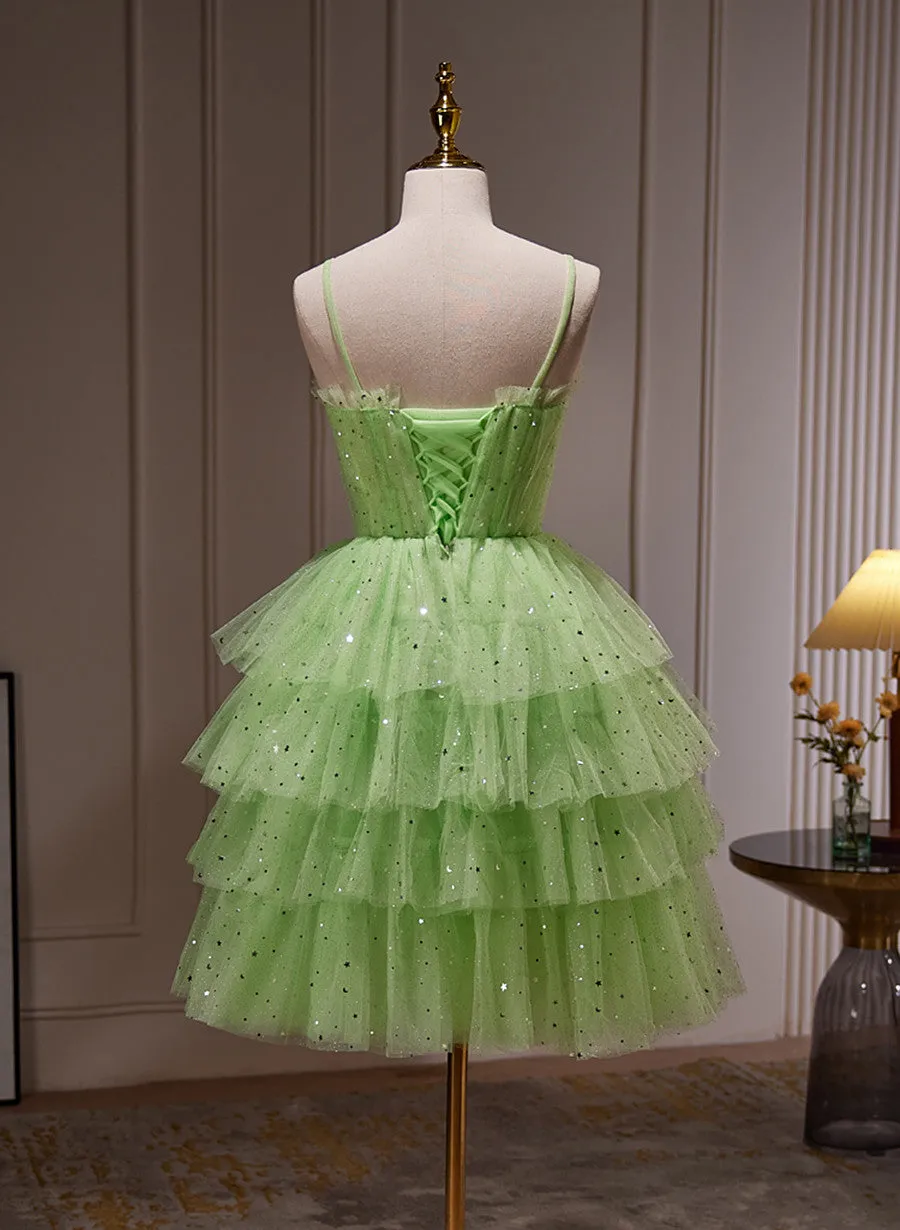 Light Green Tulle Straps Short Party Dress, Light Green Homecoming Dress Formal Dress