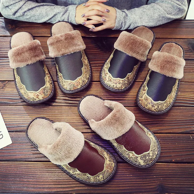 Men's Leather Slippers with Plush Lining