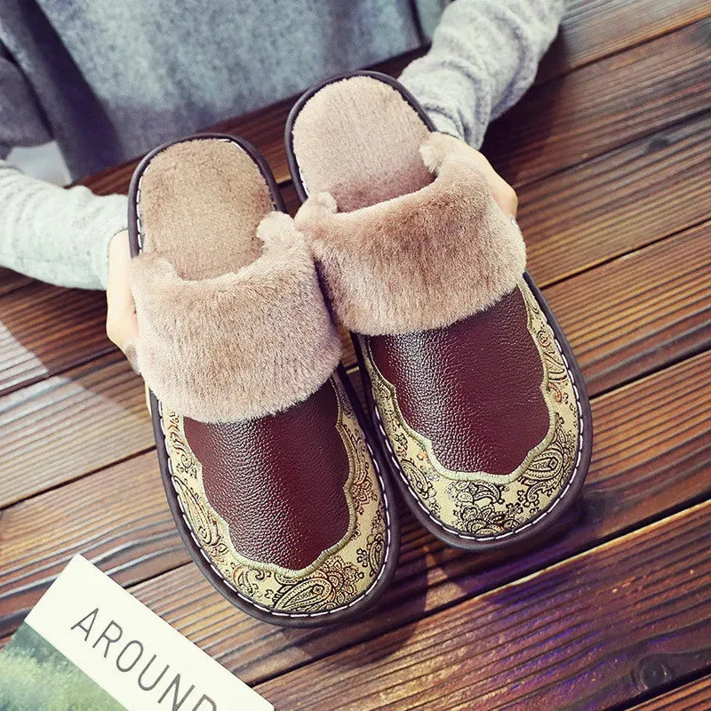 Men's Leather Slippers with Plush Lining