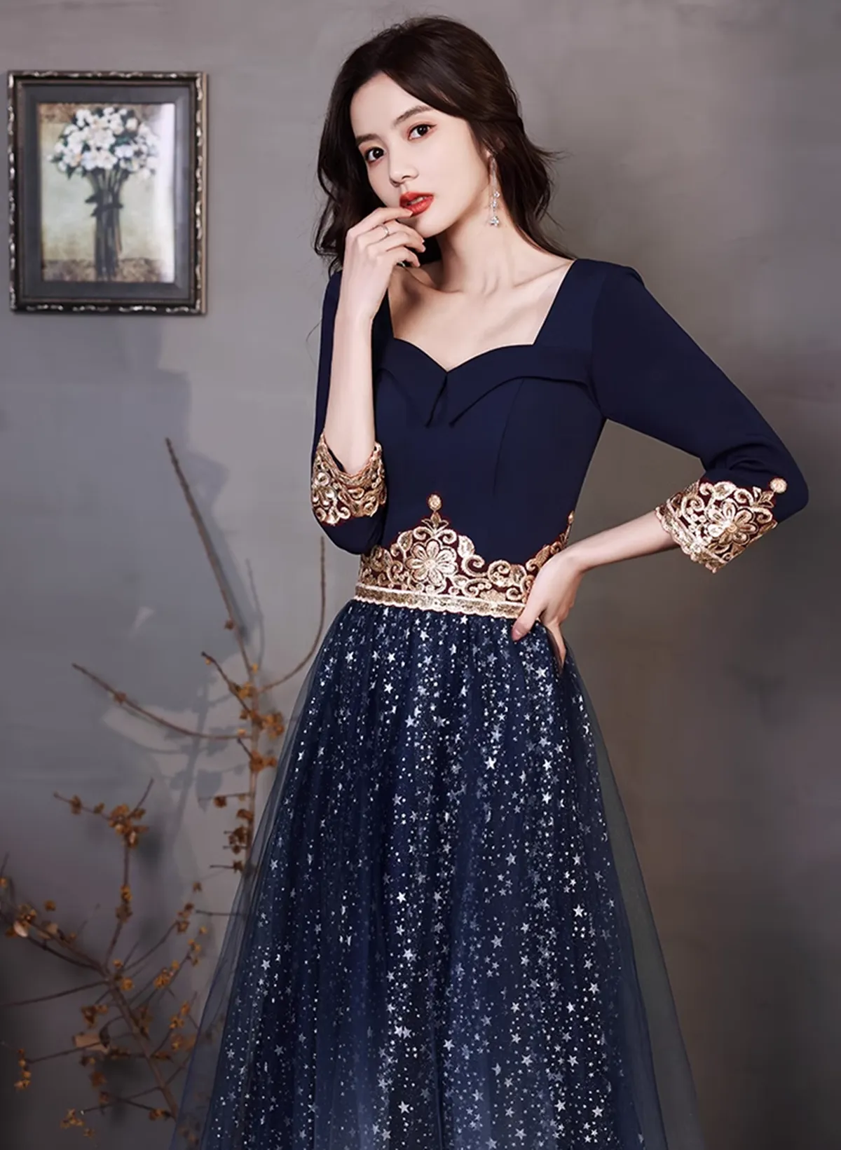 Navy Blue A-line Short Sleeves Floor Length Party Dress, Navy Blue Bridesmaid Dress