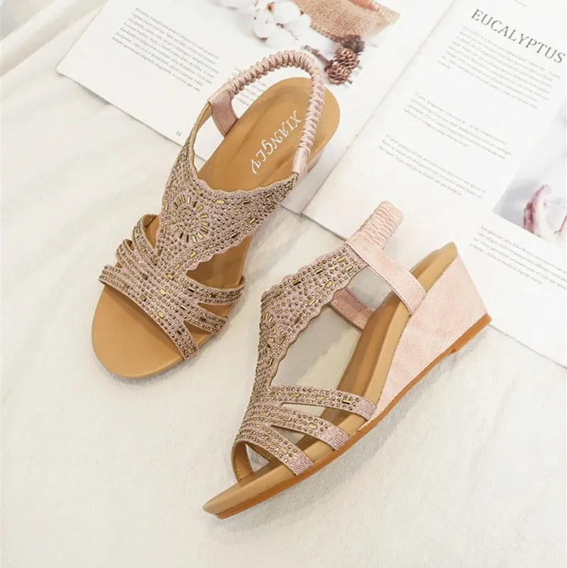 OCW Rhinestone Sandals For Women High Heel Soft Leather Crystal