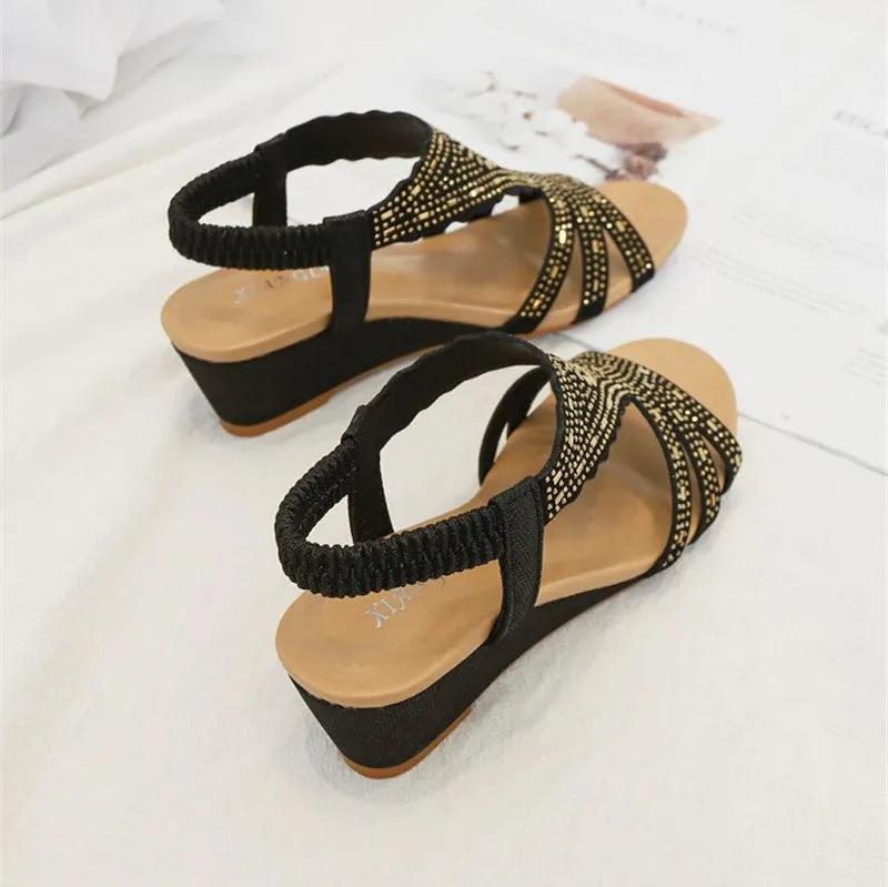 OCW Rhinestone Sandals For Women High Heel Soft Leather Crystal