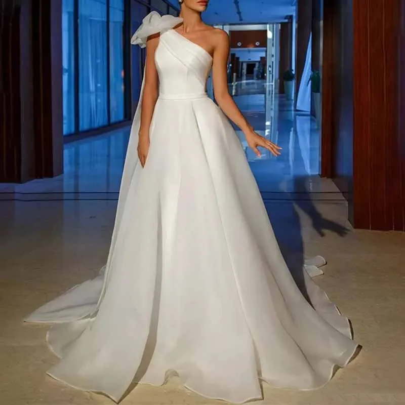 One Shoulder Bow Organza Bridal Gown Wedding Dress With Small Tail