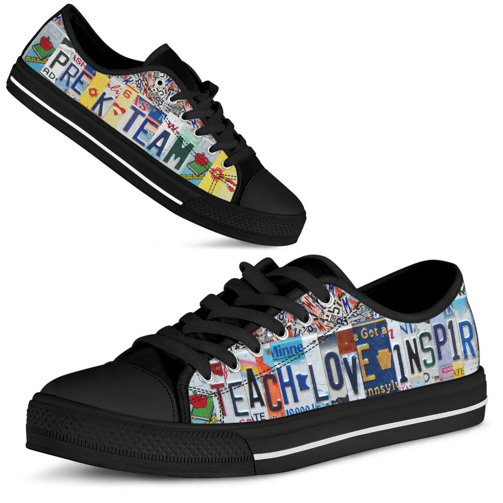 Pre K Team License Plates Low Top Black Shoes, Teacher Shoes, Low Top Sneakers