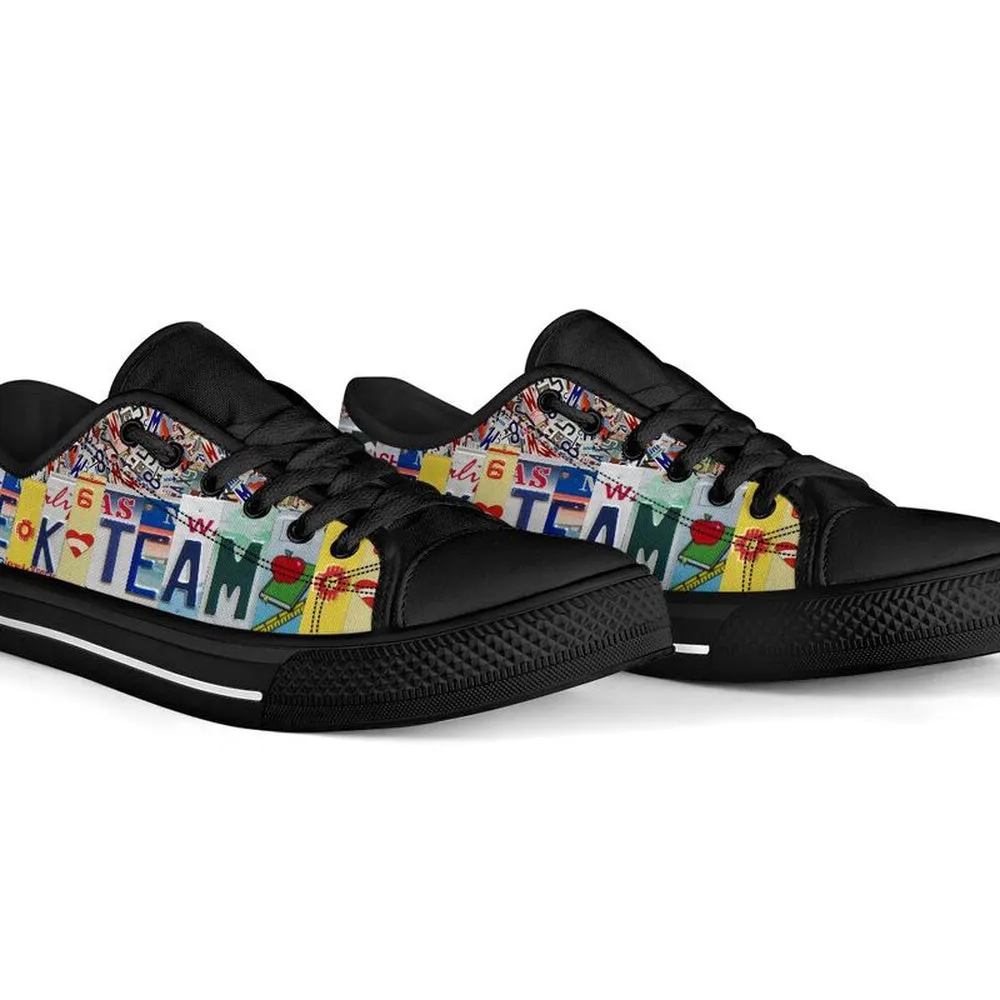 Pre K Team License Plates Low Top Black Shoes, Teacher Shoes, Low Top Sneakers