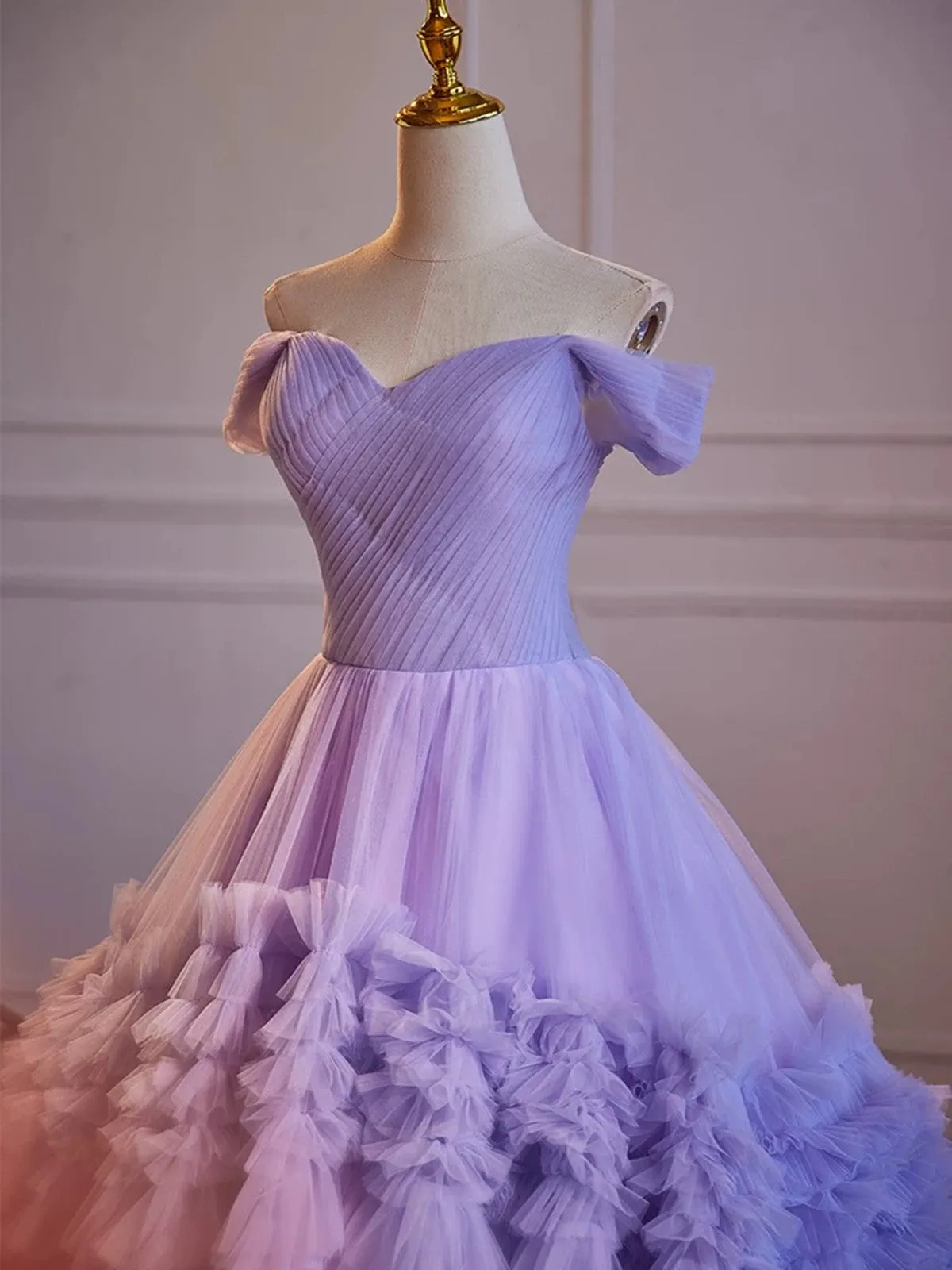 Purple Off Shoulder Sweetheart Tulle Sweet 16 Dress, Purple Tulle Long Prom Dress