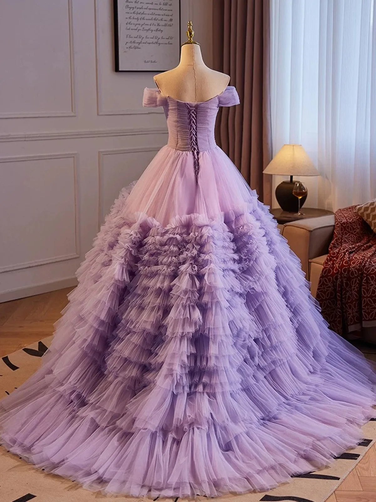 Purple Off Shoulder Sweetheart Tulle Sweet 16 Dress, Purple Tulle Long Prom Dress