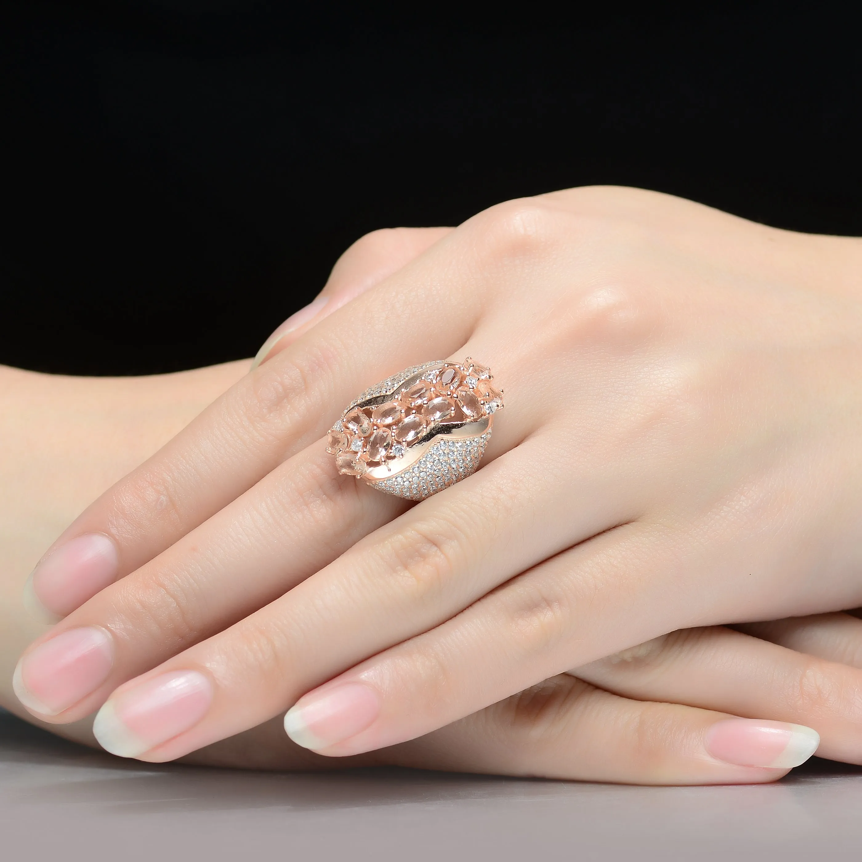 Rose Gold Plated Morganite and Clear Cubic Zirconia Accent Ring