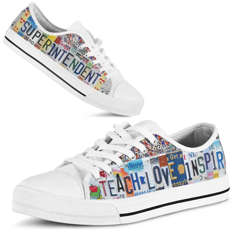 Superintendent Teacher Inspire License Plates Low Top Shoes, Teacher Shoes, Low Top Sneakers