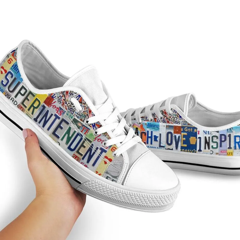 Superintendent Teacher Inspire License Plates Low Top Shoes, Teacher Shoes, Low Top Sneakers