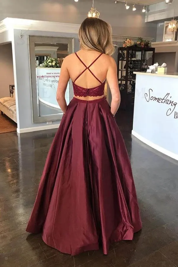 Two Piece A-Line Burgundy Satin Lace Top Spaghetti Straps Prom Dress  PSK109