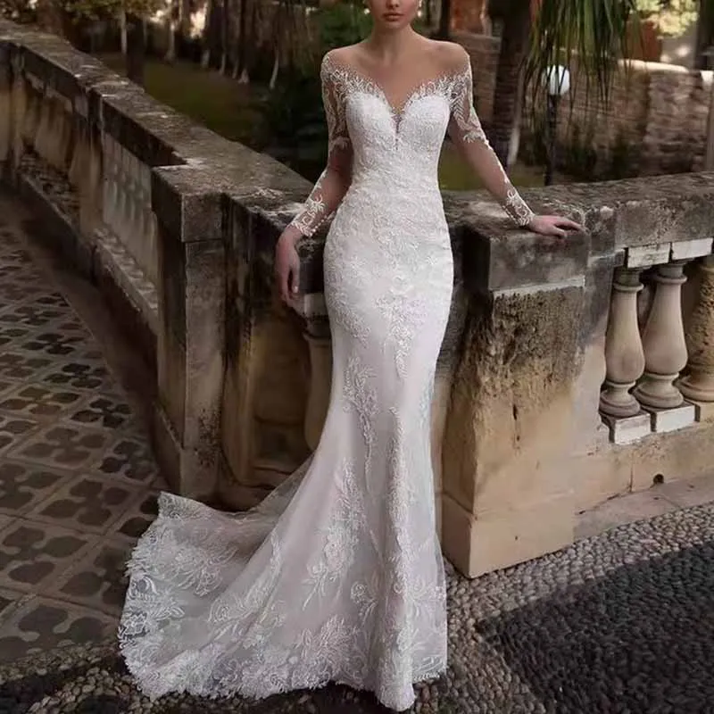 Wedding Dress V-neck Backless Long Sleeve Lace Sheath Dress