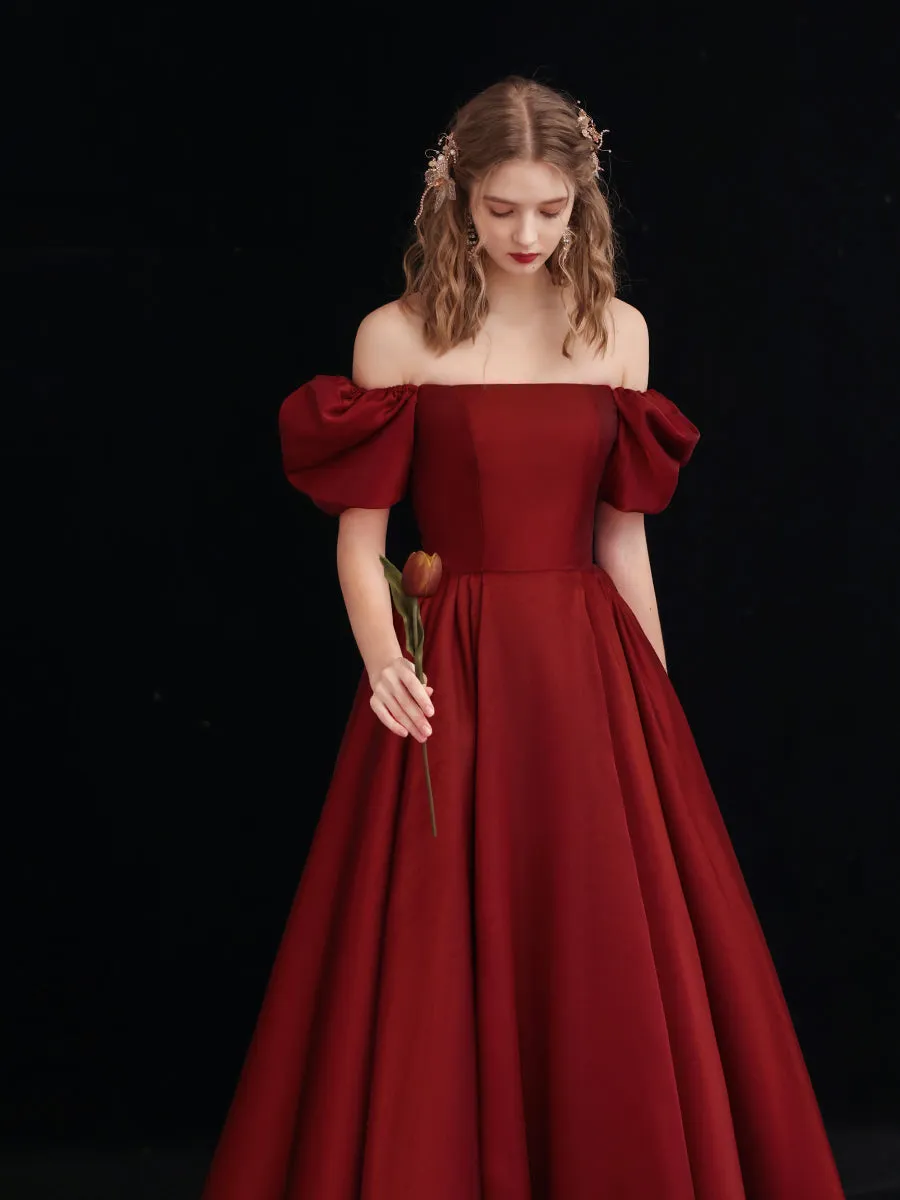 Wine Red Satin Long Prom Dress, A-line Off Shoulder Formal Dress