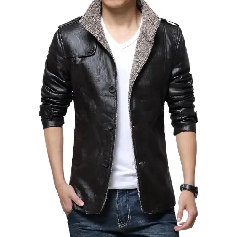 Winter Warm Faux Leather Jacket Men Solid Long Sleeve PU Leather Coat Stand Collar Thick Slim Fit Men Jacket Trench Coats