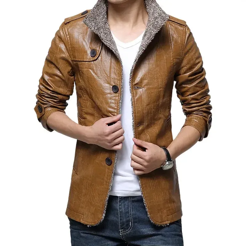 Winter Warm Faux Leather Jacket Men Solid Long Sleeve PU Leather Coat Stand Collar Thick Slim Fit Men Jacket Trench Coats