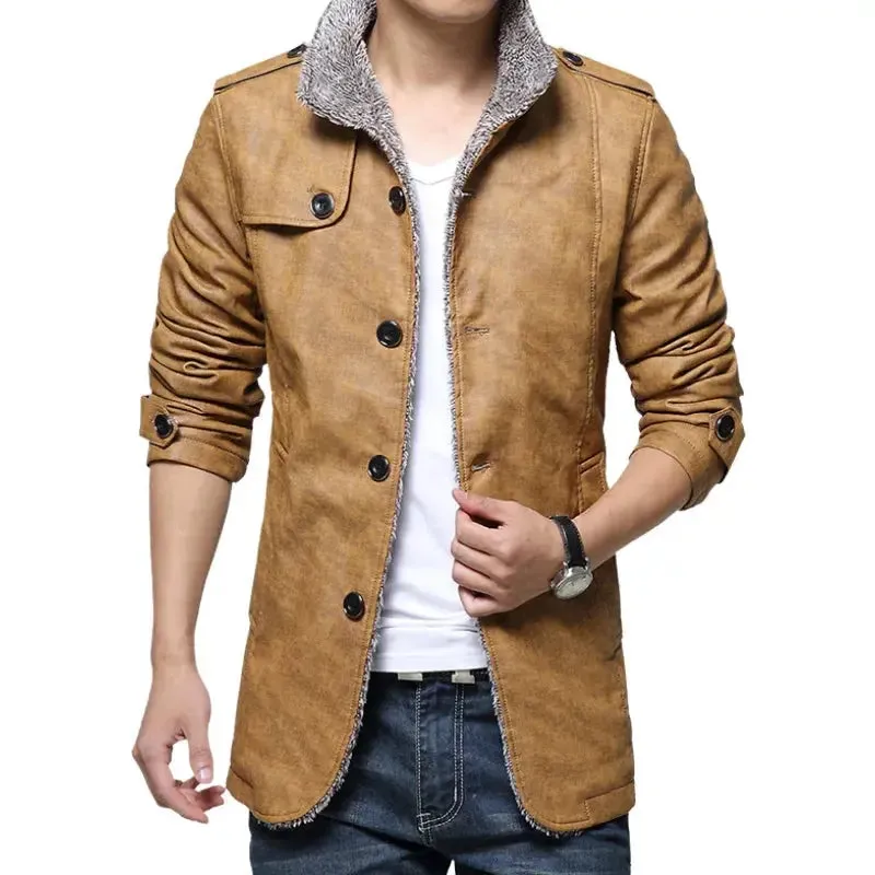 Winter Warm Faux Leather Jacket Men Solid Long Sleeve PU Leather Coat Stand Collar Thick Slim Fit Men Jacket Trench Coats