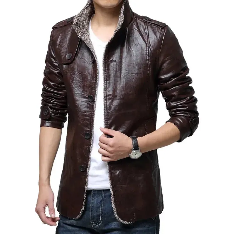 Winter Warm Faux Leather Jacket Men Solid Long Sleeve PU Leather Coat Stand Collar Thick Slim Fit Men Jacket Trench Coats