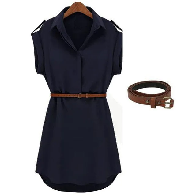 Women Casual Summer Shirt Dress Summer Dress 2019 Loose Short Sleeve Dress With Belt Turn Down Collar Autumn Dress Vestidos #20