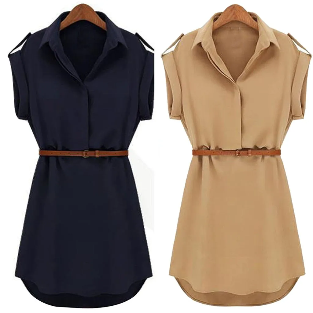 Women Casual Summer Shirt Dress Summer Dress 2019 Loose Short Sleeve Dress With Belt Turn Down Collar Autumn Dress Vestidos #20