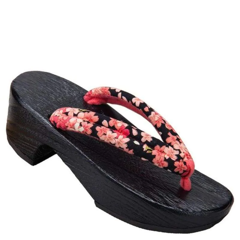 Women High Heel Geta Wooden Sandals 【Black Base Cherry Blossom】