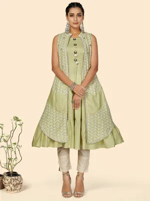 Women'S Chikankari Anarkali Cotton Pista Stitched Kurta With Shrug