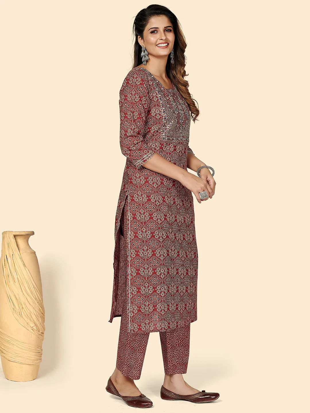 Women'S Embroidered & Sequience Work Straight Cotton Red Stitched Kurta Pant With Dupatta