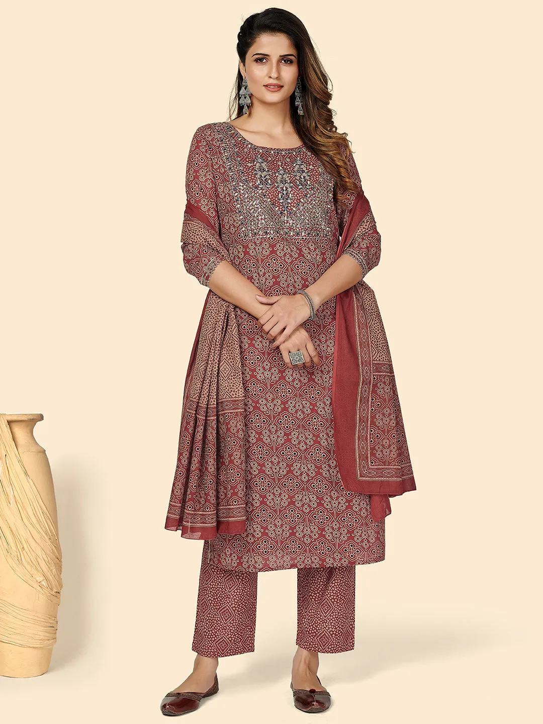 Women'S Embroidered & Sequience Work Straight Cotton Red Stitched Kurta Pant With Dupatta