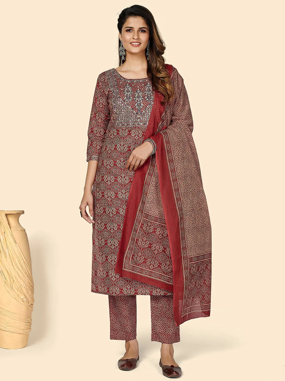 Women'S Embroidered & Sequience Work Straight Cotton Red Stitched Kurta Pant With Dupatta