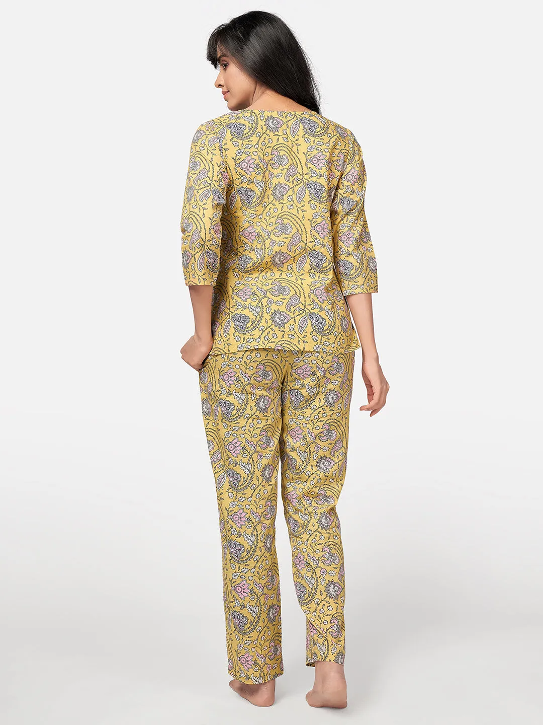 Women'S Floral Print  Cotton Yellow Night Suit Set